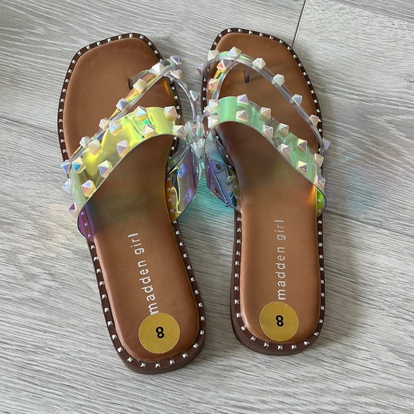 MADDEN GIRL New!! Heidi Holographic Studded Slip on Flats Sandals—Size 8– - Picture 3 of 7